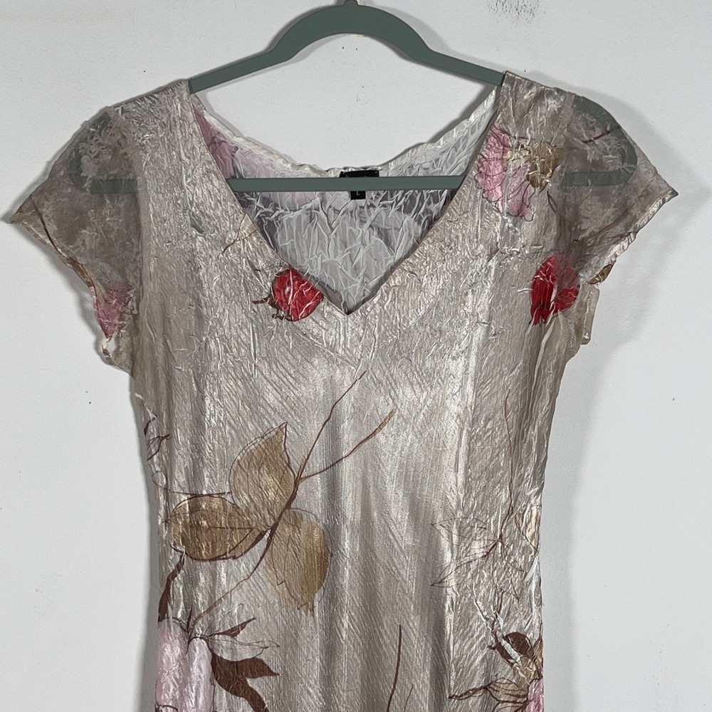 Komarov Satin Crinkle Mesh Lace V-Neck Dress Women Sz L Cream Floral Cap Sleeve - Picture 2 of 9